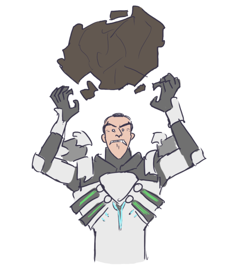 A drawing of Sigma from Overwatch, wearing an angry expression. He has a boulder raised above his head, ready to throw.