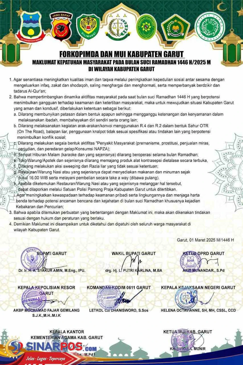 Forkopimda dan MUI Kabupaten Garut Terbitkan Maklumat Kepatuhan Masyarakat Selama Ramadan 1446 Hijriah Forkopimda dan MUI Kabupaten Garut Terbitkan Maklumat Kepatuhan Masyarakat Selama Ramadan 1446 Hijriah