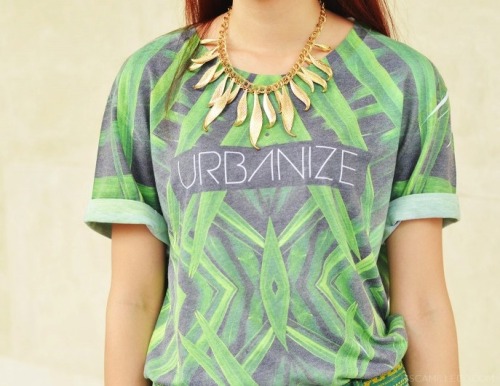Camille wearing our Green Palm Leaves tee.www.urbanizeclothing.com