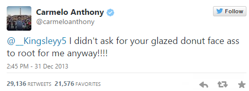 davisanthony:  One year ago today, Melo called a fan “glazed donut face ass”