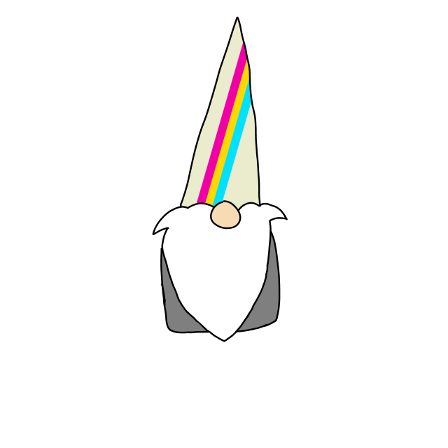 A digitally drawn gnome with a pride flag on its hat. The gnome has a long white beard. It sits on a white background 