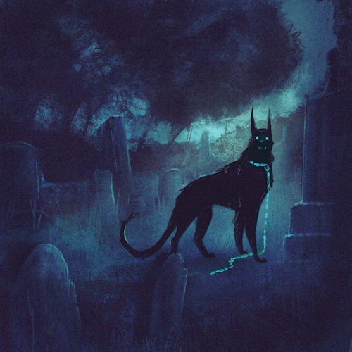 An animated art gif of a decrepit graveyard at night. A skinny hound stands on all fours, looking at the viewer with an expectant, glowing stare. The dog breaths and moves in an animated loop. A bright blue collar with a broken chain trails from its neck. The entire piece is in a monochrome purple-blue hue. 
