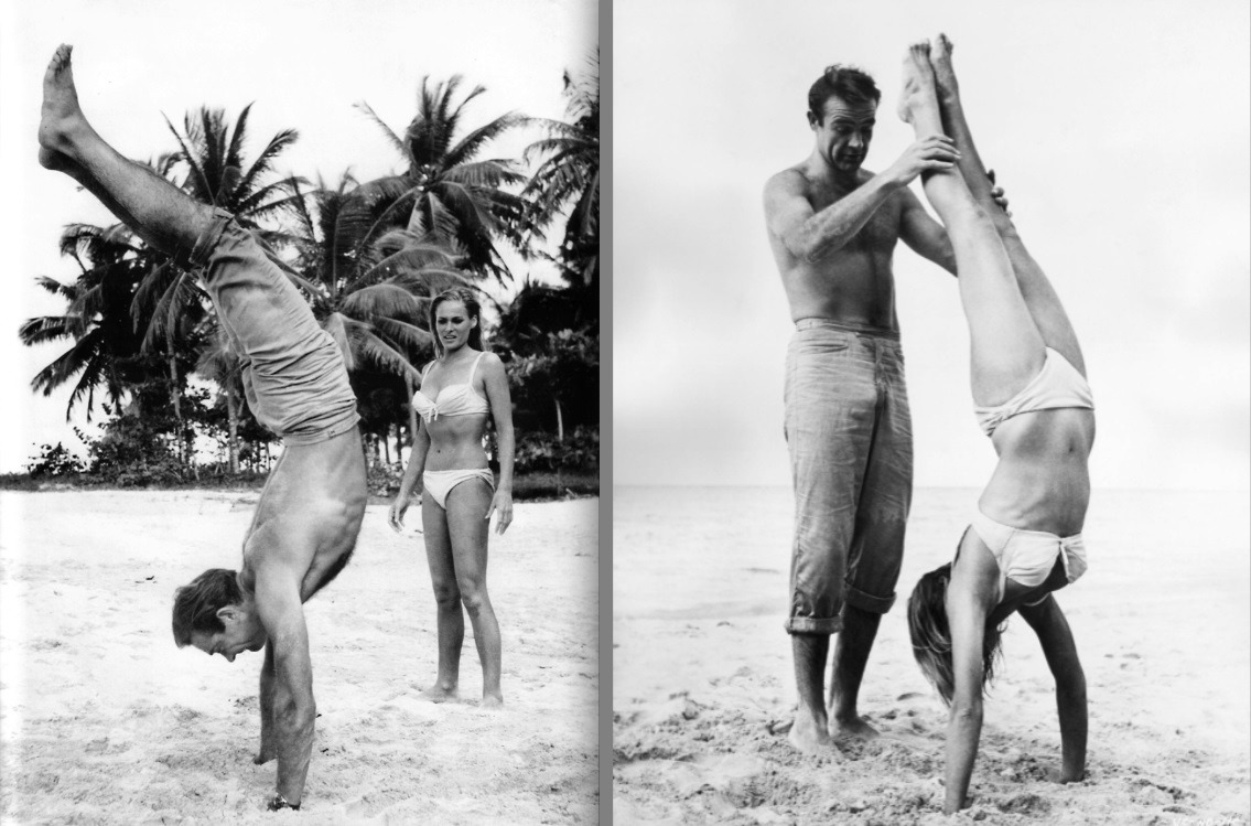 Beach acrobatics (Sean Connery teaching Ursula Andress how to do a handstand during