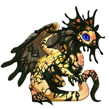 A Flight Rising sprite of an orange and brown Fae dragon hatchling with black crackle markings