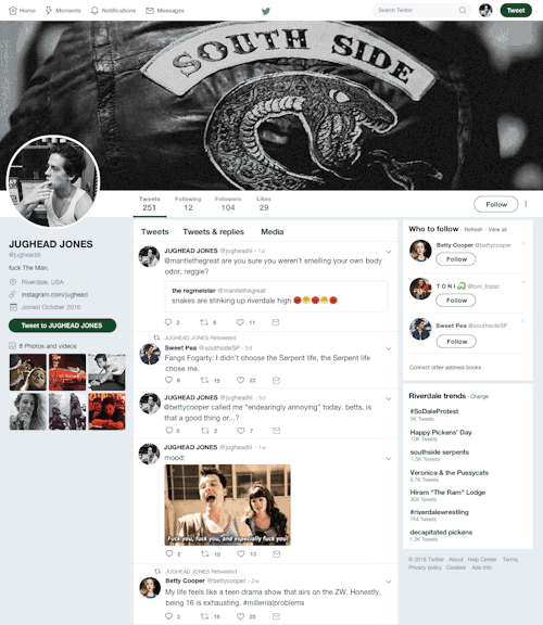 jeemyjamz: “riverdale profiles” twitter editthe core four link: bulldogs vs. serpents (coming soon),
