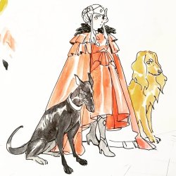 hawberries:  the emperor’s loyal hounds.[image is a drawing of edelgard in her flame emperor dress; on either side of her are two dogs: at her right hand a skeletal black hound, and at her left, a long-haired orange spaniel.]