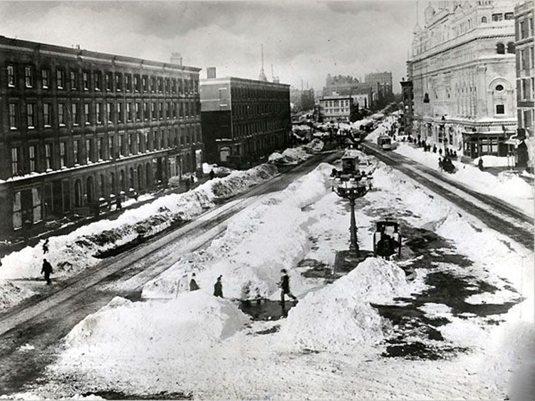 Longacre Square, the future Times Square, during the great blizzard of 1888.