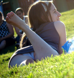 sexy-short-shorts:  voyeurmaniac:  Candid and Voyeur Outdoor! No12   Nice upskirt, I love the panties .l.  I’d fuck her how she’s laying right there.