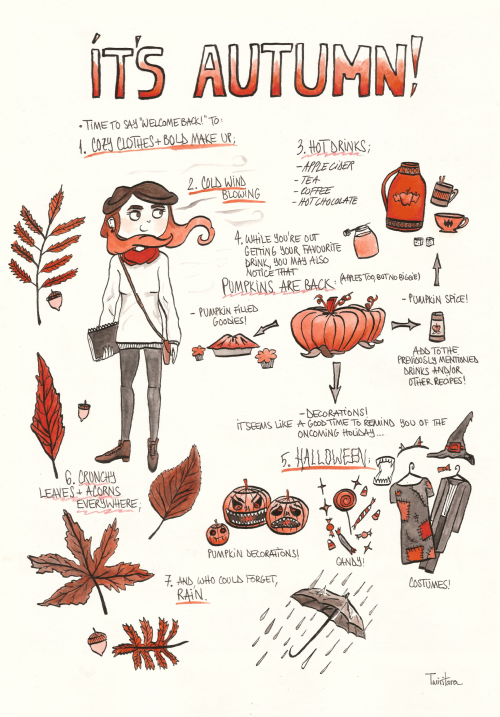 twiritara:  Definitely my favourite season. I’m so excited about this season that I drew this comic during August. Ink and colored pencil on paper. 