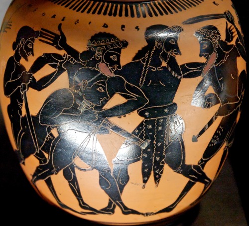 Attic black-figure oinochoe depicting the dispute between Odysseus and Ajax over the arms of Achille