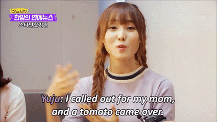 yuju-ju:yuju cried because her mom turned into a tomato