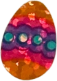 sticker of an easter egg with orange, pink, and purple sections and a band of blue polka dots in the center. it has a shiny foil finish.