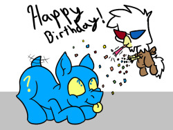 ask-wiggles:HIPPY BIRTHDAY WAGGLES!I hope its a great one!Much Loves, Stay awesome!——————————-BAWWW HOW PRECIOUS. Wiggles don’t you even think about eating that confett- aaaand it’s gone. But thank you so much, Unhinged! SO. CUTE.