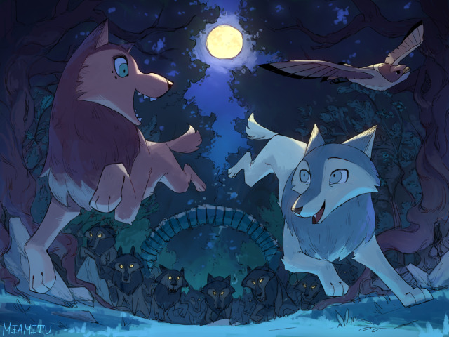 Digital painting of Mebh and Robyn in their wolf forms. They are running through the forest at night towards the viewer while Merlyn and pack of wolves are following them. A full moon is visible.