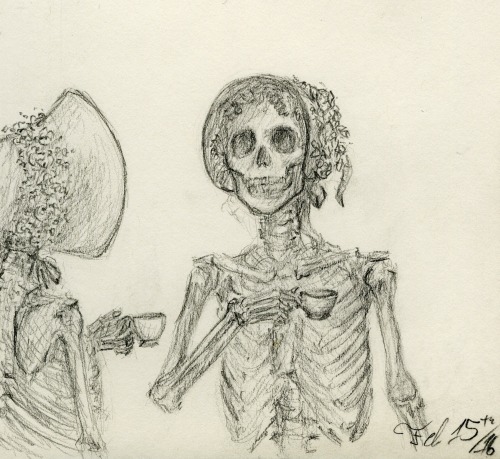 I meant to draw one skeleton in a bonnet but ended up with two skeletons having tea!I need more prac