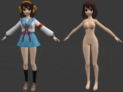 devilscry: I have the feeling that i’m going to be busy for a few days, but just in case… Checking mmda booru i found this model of Haruhi Suzumiya. I though it was a sfw model, so i passed. However, today i downloaded it and found it’s fully nude