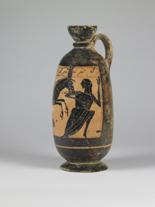 fishstickmonkey:Black-figure “Deianeira” lekythos, with mounted satyr pursuing a nymphGreek, Attic, 