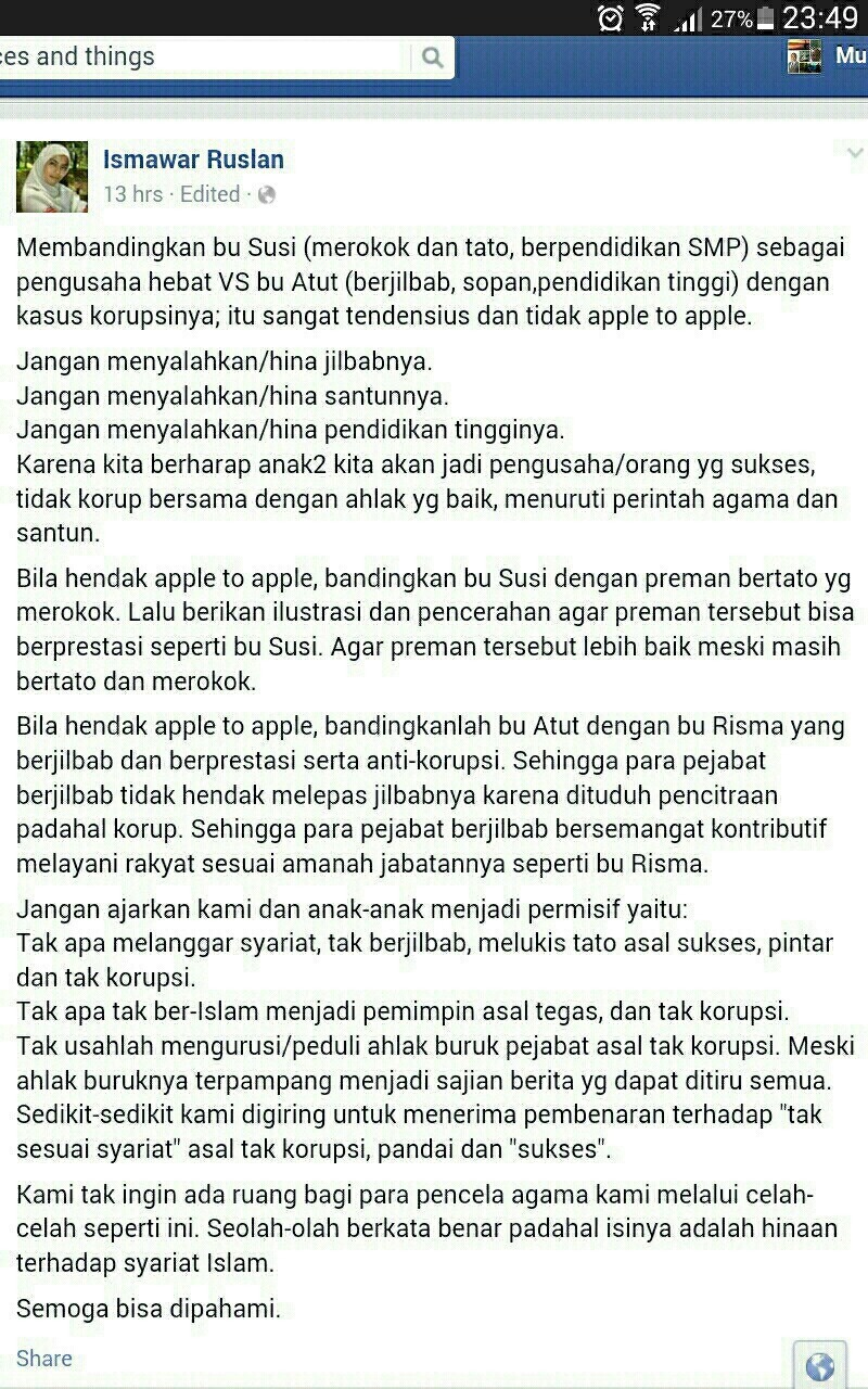 sarsasganbatte:
“ ervina-maulida:
“ Yup. Jgn ajarkan anak kami menjadi permisif.
Bu susi mungkin bs jd contoh utk org2 yg merokok agar sama berprestasinya.
Tp membandingkan bu susi dgn org yg berjilbab yg tersangkut kasus pula, jadinya generalisasi...