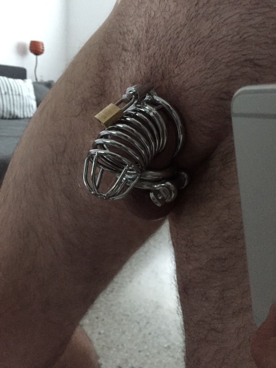 79ffbtmfl:New cock cage with my Home Depot ball stretcher.  Only allowed to cum through