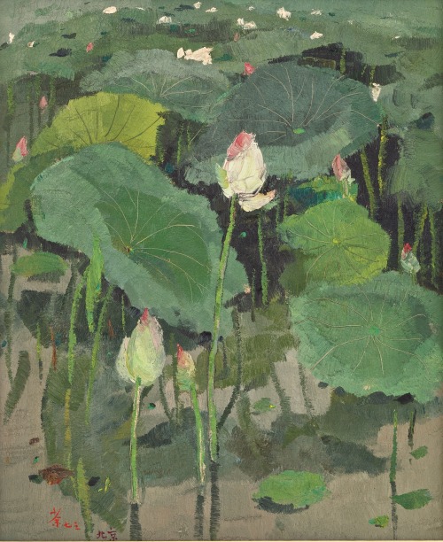 saplling:blastedheath:Wu Guanzhong (Chinese, 1919-2000), Lotus Flowers, 1973. Oil on canvas, 60.8 x 