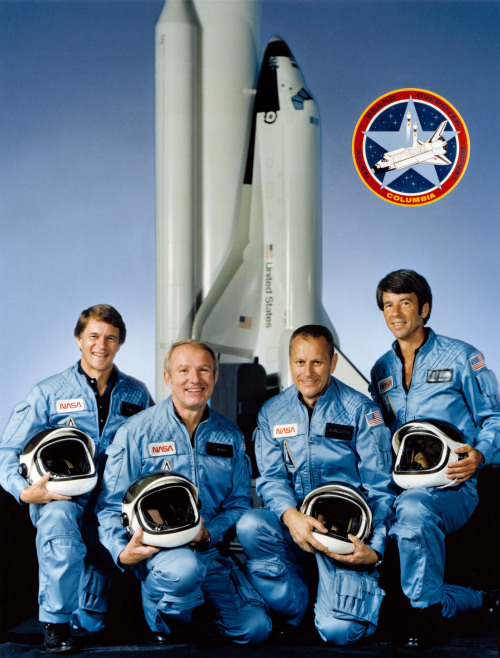 The official portrait of the STS-5 crew. From left to right they are Joseph Allen, mission specialis