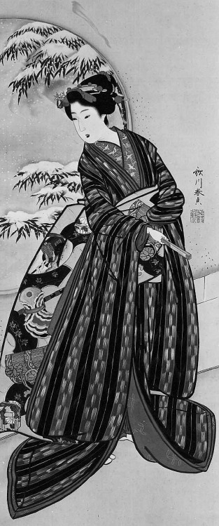 japaneseaesthetics:Woman in WinterNatsu fuyu bijin zu (fuyu)夏冬美人図Utagawa HarusadaKaei era (1848&ndas