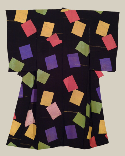 A chirimen silk kimono featuring an abstract design of colored rectangles, some containing small sil