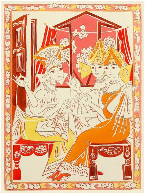 russian-style:Natalia Goncharova - Illustration to the Tale of Tsar Saltan by Alexander Pushkin, 192