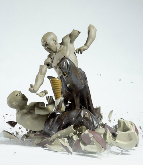 minicheck:  Photographer Martin Klimas’ breaking porcelain figurines. “From a height of three meters, porcelain figurines are dropped on the ground, and the sound they make when they hit trips the shutter release. The result: razor-sharp images of