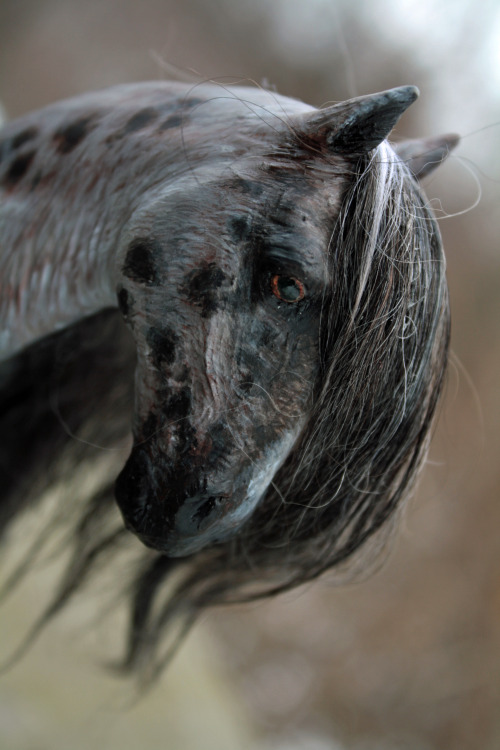 quequinoxart:  “Kismet” ooak appaloosa gypsy vanner horse sculpture. He is made from polymer clay over a wire and foil armature, and painted in acrylics. His hair is a blend of mohair.  He’s for sale on etsy! 