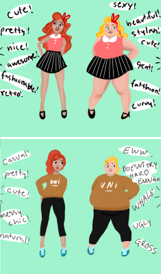 the-real-mollz:rude42:really quick comic i drew illustrating double standards when it comes to big women.it really sucks that for us to be considered “beautiful” we need to be overly feminine, dressed in expensive plus sized fashionable clothes and