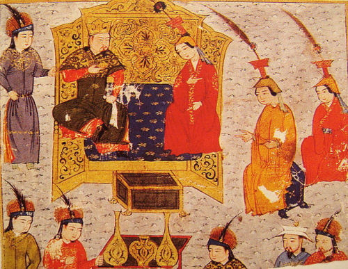 Sorghaghtani, queen of the Mongols (right center), with her husband Tolui, son of Genghis Khan. Sorg