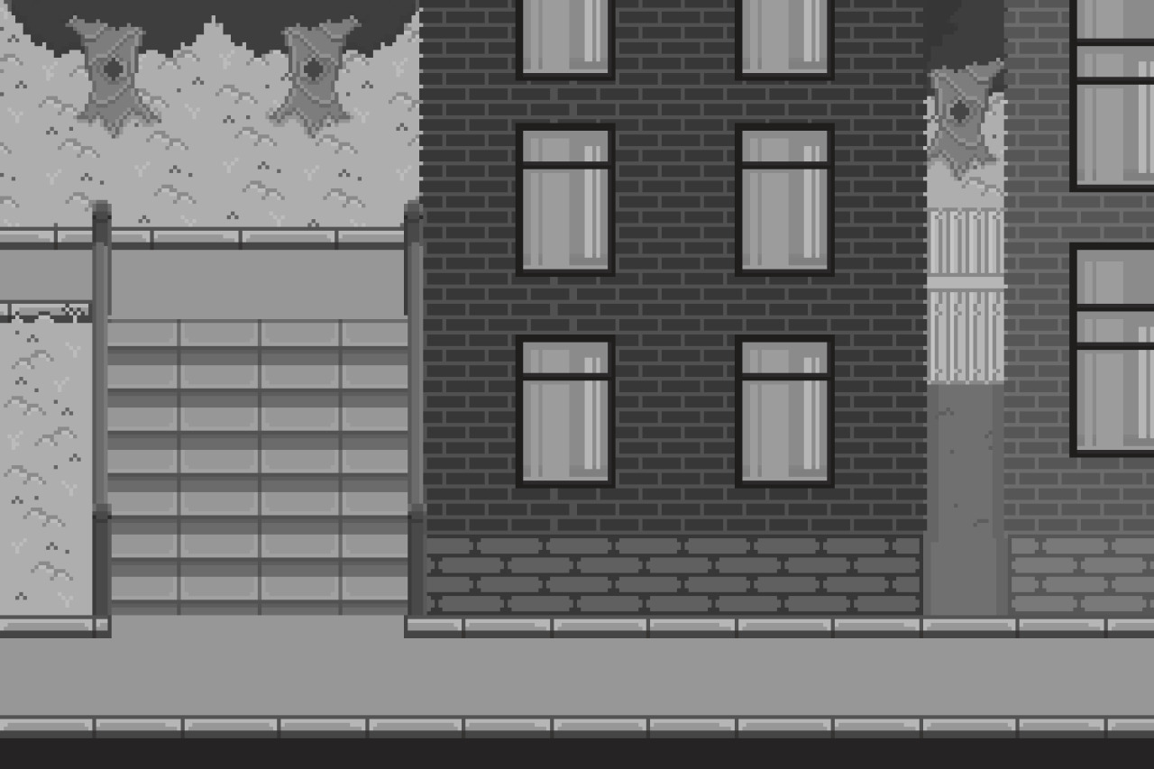 Pixel art of a down-town area with two brick buildings on the right, a set of steps on the left, and a sidewalk at the bottom