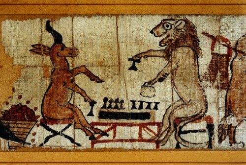 Detail from an ancient Egyptian papyrus, depicting a lion playing the board game of senet against a 