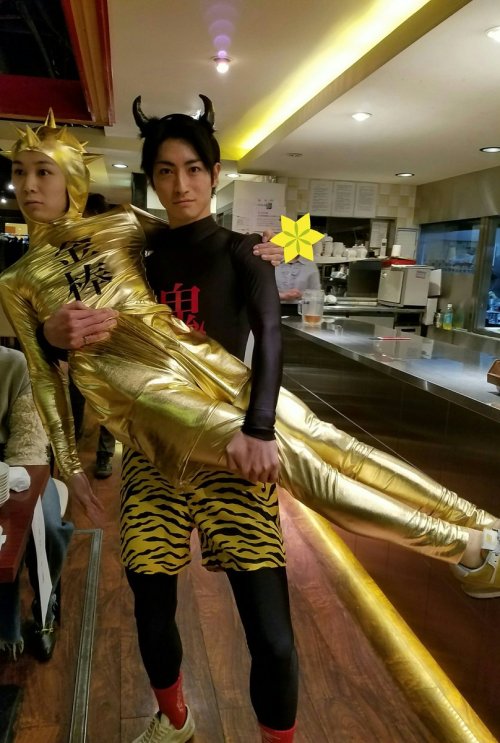 engekihaikyuu:  An Oni and his Club K so uh… Today was the cast party… (tomorrow is their final day of performances) And uh… Tatsunari and Kenta showed up in their matching costumes… Early on the series, Kageyama and Hinata’s combination used