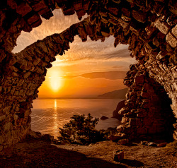 coiour-my-world:  Sunset from the Castle of Monolithos by Dimitris Koskinas  ~ Rhodes, Greece 