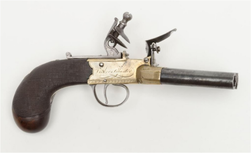 Original English four barrel duckfoot flintlock volley pistol, 18th century.
