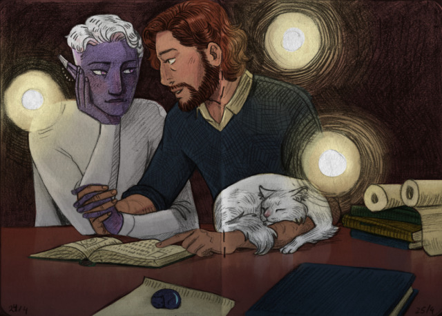 A double page of a sketchbook with a digitally coloured grey pencil drawing of Essek Thelyss and Caleb Widogast from Critical Role. They're sitting at a table surrounded by books and scrolls, and Caleb's dancing lights are floating around them. Essek looks affectionately at Caleb, resting his head on his hand. With his other hand he's holding Caleb's, their fingers intertwined. Caleb is happily talking about the book in front of them, pointing at the writing with his free hand. It's not exactly free though, because there's a cat with a fluffy tail sleeping soundly on his arm.