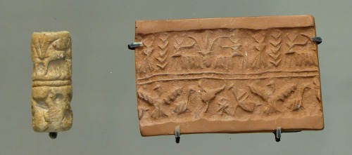 lionofchaeronea:Ancient Mesopotamian cylinder seal with impression, depicting a banquet scene.  Arti