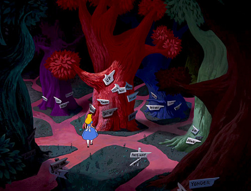 cinemamonamour: Amazing background art from Alice in Wonderland (1951). Color and Styling: Mary Blai