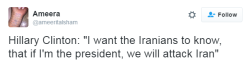 nevaehtyler:  Source (x) And this is why I don’t fucks with Killary. As a Democrat she’s meant to be anti war. “We would be able to totally obliterate them”…I mean, get a grip, Hillary, you’re not in a Marvel movie. 