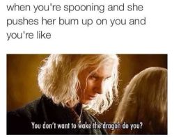 pardonmewhileipanic:  uncharted-territory:  believe me I’m trying to wake the dragon if I do this  if we’re spooning, and my bum presses against you, that is PRECISELY what i’m trying to do 