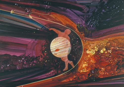 70sscifiart:This 1973 Rick Guidice artwork metaphorically depicts the ‘slingshot’ gravity assist use