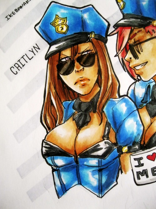More drawinnngsss, Vi and Cait Officer Skin <33  Coloured with copics <3  I really don’t know how to do photos/scans similar to the real drawing T___T I see it here and it’s ugly, but in my  notebook it’s cute *panic*  The last