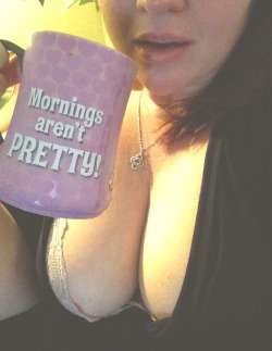 curiouswinekitten2:  @omgdirtydd tagged me to post a real time selfie.   This is me right now.  I’ve slept in.  Got my coffee.  Snuggling on the couch.  Getting ready to fire up Cleavage Sunday!   You ready?????