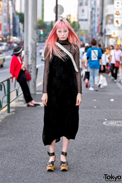 tokyo-fashion:  Fernanda Ly on the street in Harajuku wearing a vintage dress with a top from Bubbles Harajuku, a Prada bag, and Vivienne Westwood rocking horse shoes. She said that her favorite music is Love Live! Full Look