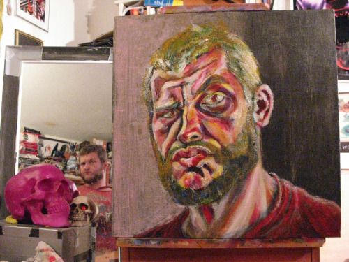 Here’s the latest progress on my self-portrait.    Acrylic on canvas  20"x20"  Matt Bernson 2013 Doing a self-portrait with an odd expression is more difficult, but more fun and interesting, than doing an expressionless mugshot.  