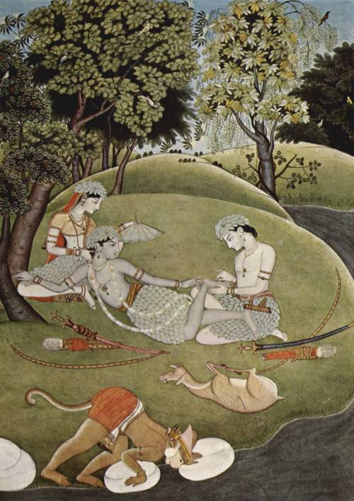 Lakshmana removes a thorn from Rama’s foot, Miniature painting