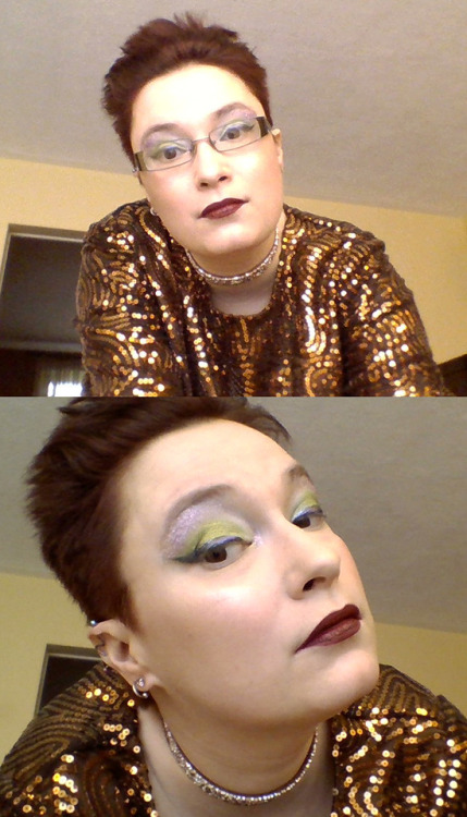 Last night’s look with a close-up on the makeup (I’d been saving the rainbow glitter for a special occasion). Mom somehow talked me into carrying a clutch. If you don’t know what that is, it’s the most useless kind of “””purse”””