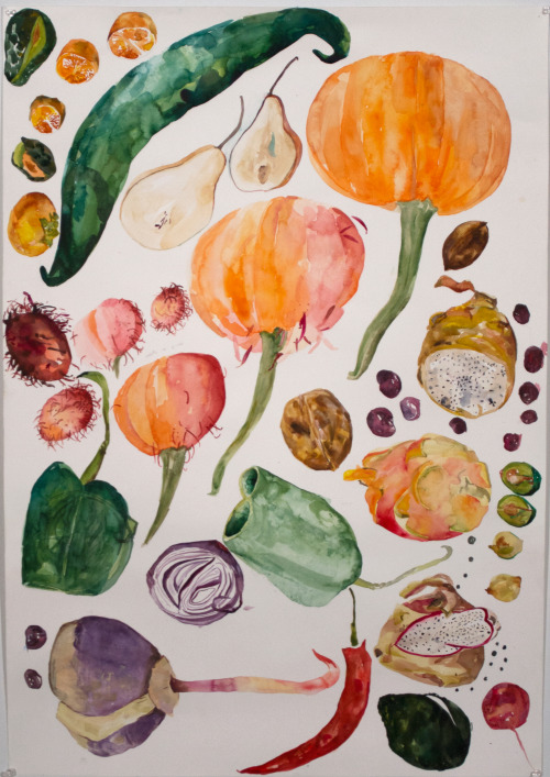 Large format watercolor painting of fruit and vegetables. It was really fun working on this. Still a